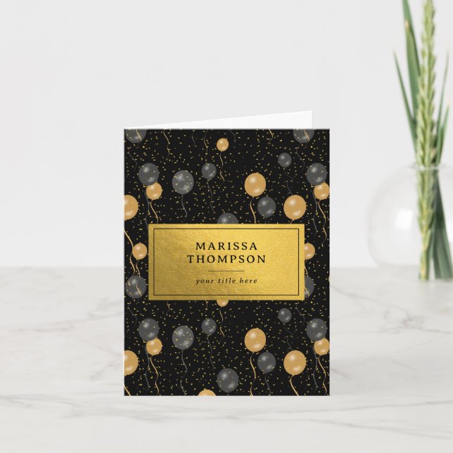 Tarjeta Elegante Fiesta de Globos de Oro y Negro (Anverso)