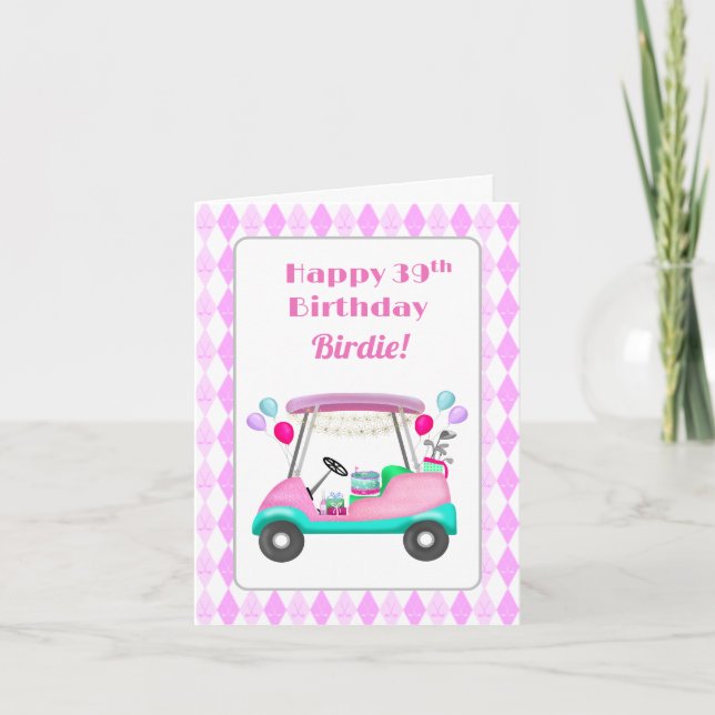 Tarjeta Elegante Fiesta de golf femenino Cart 39 cumpleaño (Anverso)