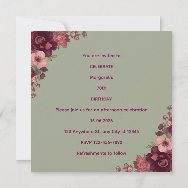 Tarjeta Elegante Fiesta Floral Oscuro Cumpleaños 70 (Anverso)