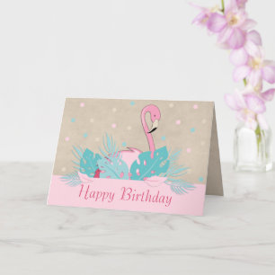 Tarjeta Elegante flamenco rosa y hojas tropicales