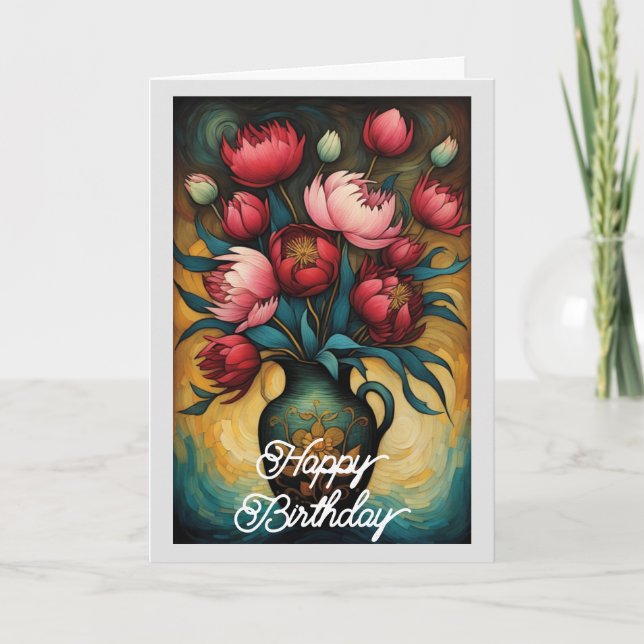 Tarjeta Elegante Flor De Peón Rosa En Vase Cumpleaños (Anverso)