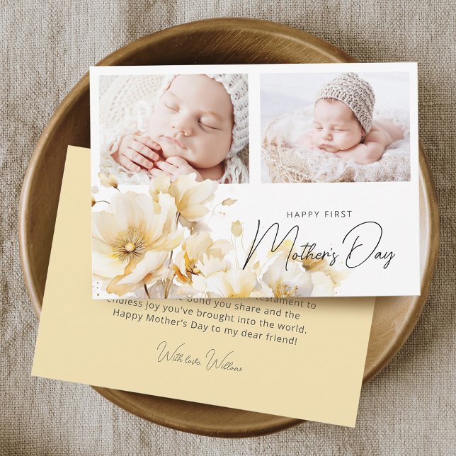 Tarjeta Elegante flor Primer Día de la Madre 2 fotos plano (Elegant Flower First Mother's Day 2 Photos Flat Card)