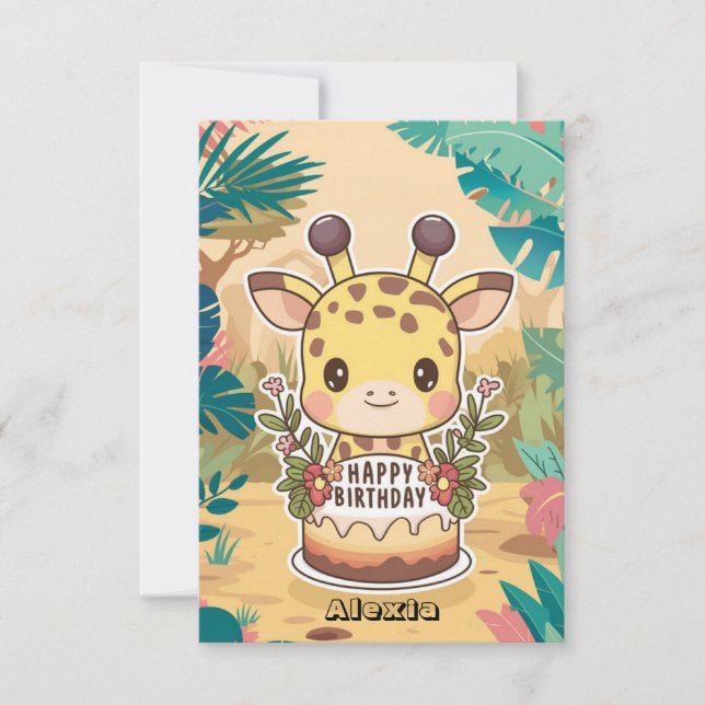 Tarjeta Elegante Flora Giraffe Cumpleaños (Anverso)