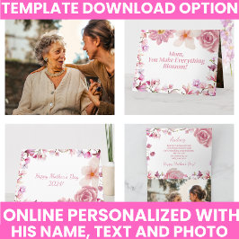 Tarjeta Elegante Floral de Acuarela Púrpura y Rosa Recuerd