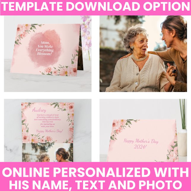 Tarjeta Elegante Floral de Acuarela Rosa Día de la Madre (Elegant Pink Watercolor Floral Mother's Day Card)