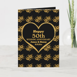 Tarjeta Elegante floral de oro negro 50 aniversario Boda