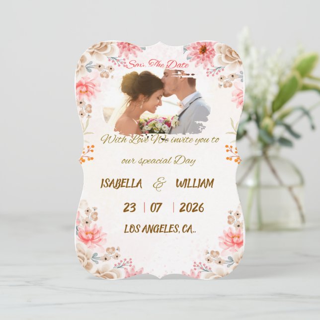 Tarjeta elegante floral para guardar la fecha (Anverso de pie)
