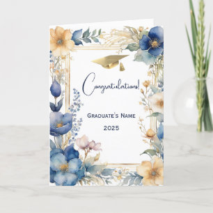 Tarjeta Elegante Flores De Crema Azul Graduación Personali
