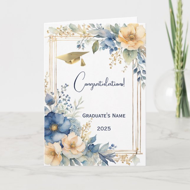 Tarjeta Elegante Flores De Peach Azules Graduación Persona (Anverso)