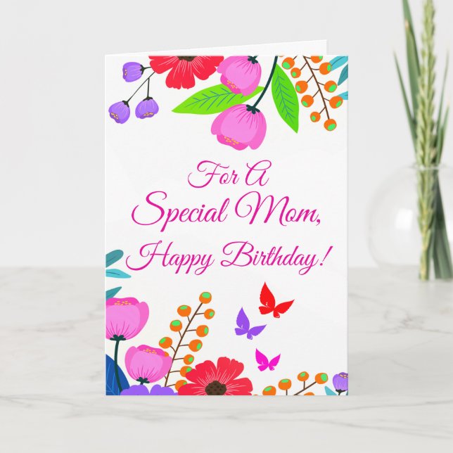 Tarjeta Elegante Flores Púrpuras Rojas Y Mariposa Mamá (Anverso)