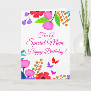 Tarjeta Elegante Flores Púrpuras Rojas Y Mariposa Mamá