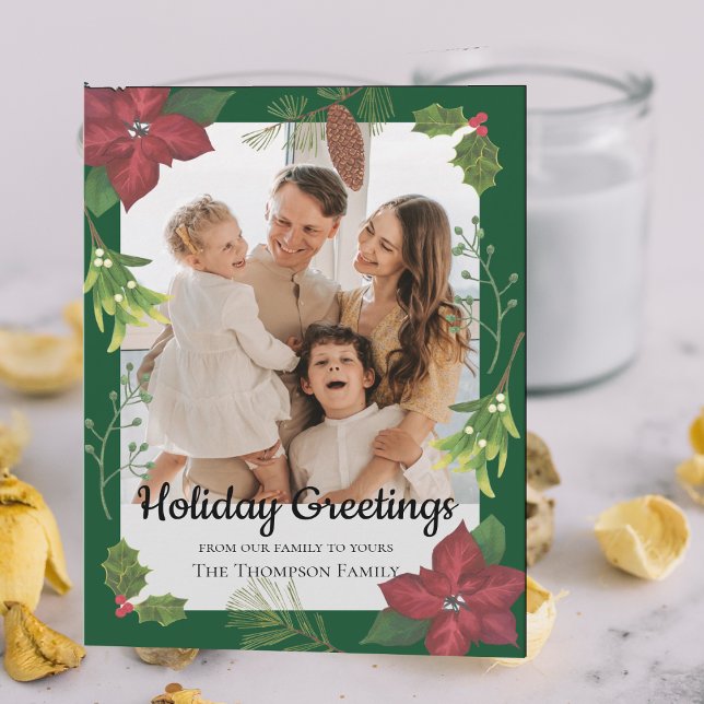Tarjeta Elegante Flower Family de Feliz Navidad Roja (Elegant Merry Christmas Red Flower Family Photo Card)