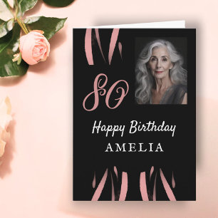 Tarjeta Elegante foto de cumpleaños 80 en acuarela negra r