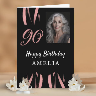 Tarjeta Elegante foto de cumpleaños 90 en negro y rosa con
