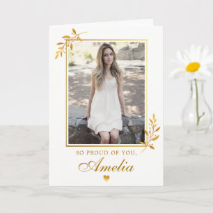 Tarjeta Elegante Foto de Graduación con Follaje de Oro