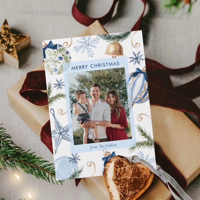 Tarjeta Elegante foto de Navidad de Blue Merry (Blue Whimsical Christmas Photo Greeting Card)
