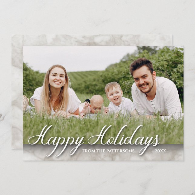 Tarjeta Elegante foto familiar de mármol Feliz feriado (Anverso / Reverso)