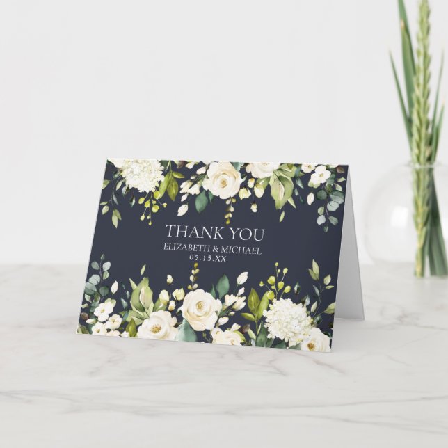 Tarjeta Elegante foto floral azul y blanca gracias Boda (Anverso)