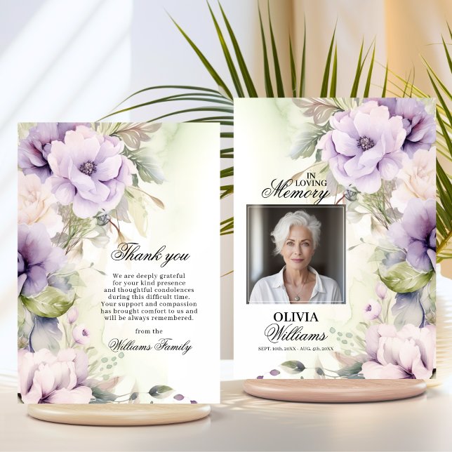 Tarjeta Elegante Funeral Floral Lavender Gracias | FOTO (Feminine Lavender Funeral Thank You  PHOTO Card | In Loving Memory)