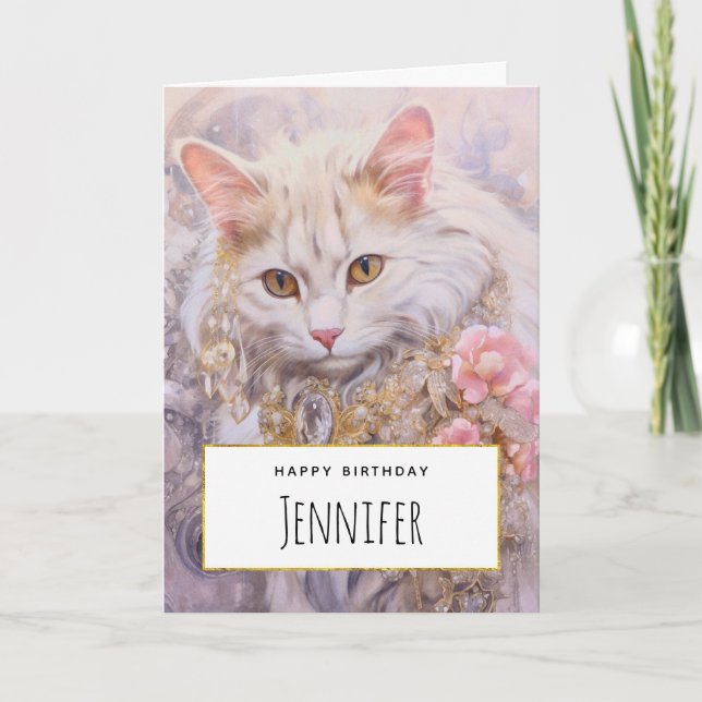 Tarjeta Elegante gato blanco en oro y cumpleaños de diaman (Anverso)