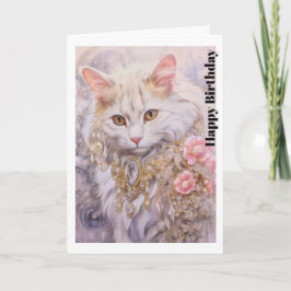 Tarjeta Elegante gato blanco en oro y cumpleaños de diaman
