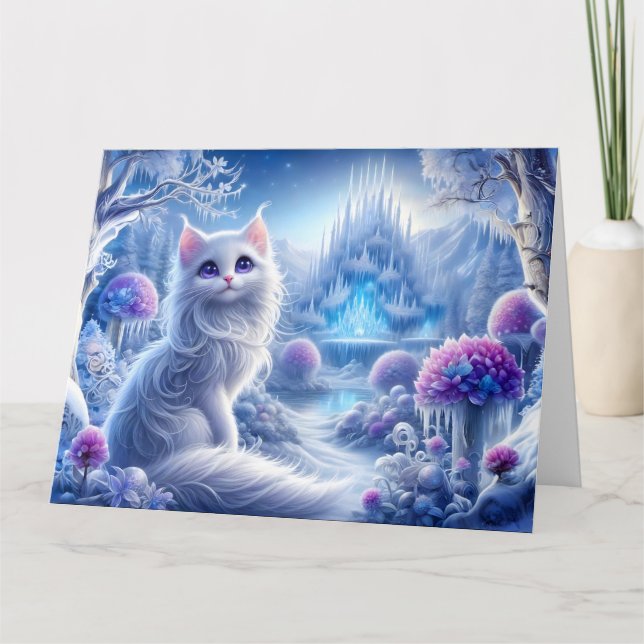 Tarjeta Elegante gato blanco en un reino mágico nevado (Anverso)