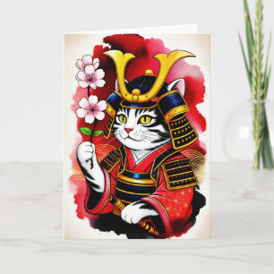 Tarjeta Elegante gato samurái de cerezo para cumpleaños, g