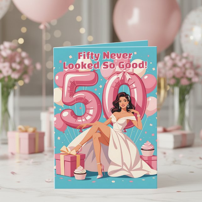 Tarjeta Elegante Glamorosa Mujer 50.º saludo de cumpleaños (Subido por el creador)