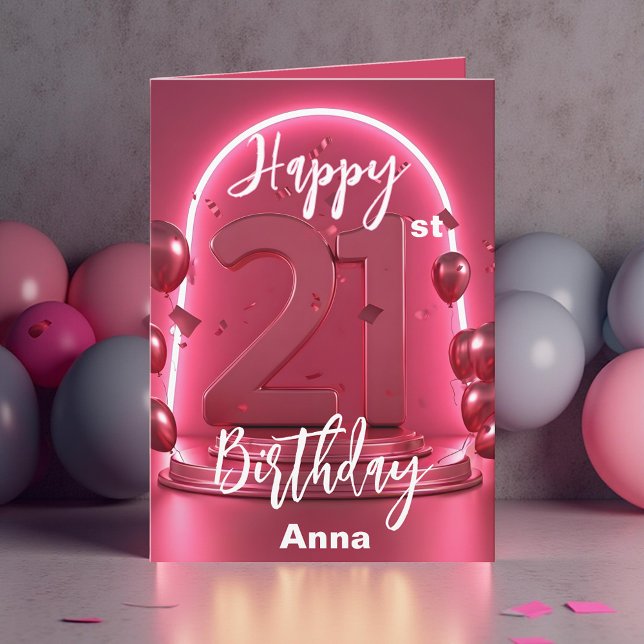 Tarjeta Elegante globos brillantes Neon Pink 21º cumpleaño (Subido por el creador)