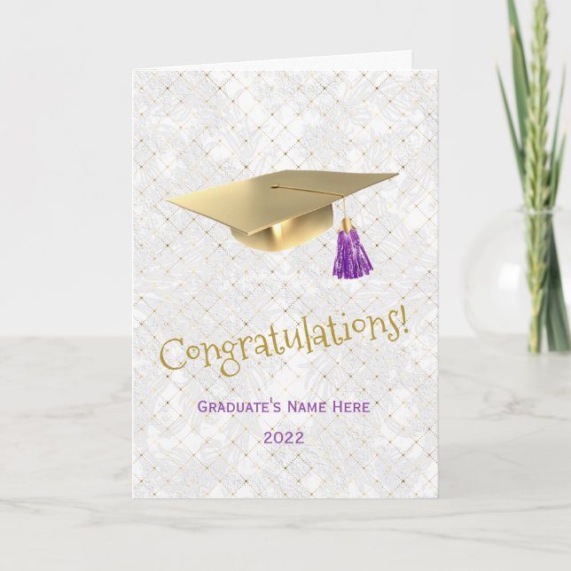 Tarjeta Elegante Gold Cap Purple Felicitaciones Graduación (Anverso)