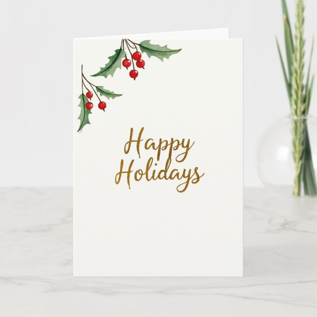 Tarjeta Elegante Gold Script Happy Holidays Holly Card (Anverso)