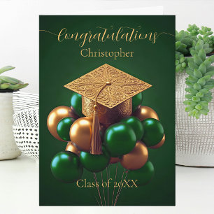 Tarjeta Elegante Gorro de Graduación Dorado con Globos Fes