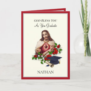 Tarjeta Elegante graduación católica Corazón Sagrado Rosas