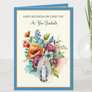 Tarjeta Elegante Graduación Católica Flores Virgen María