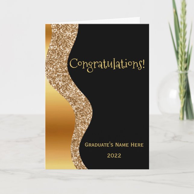 Tarjeta Elegante Graduación de Ola Negra de Oro (Anverso)