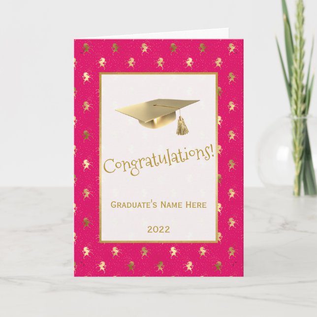 Tarjeta Elegante Graduación De Unicornios De Oro Rosa (Anverso)