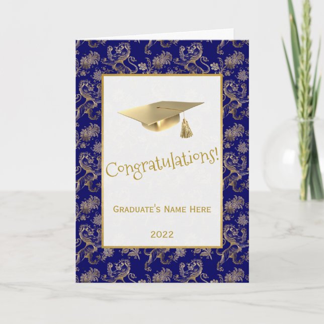 Tarjeta Elegante Graduación Floral de León de Oro Azul (Anverso)