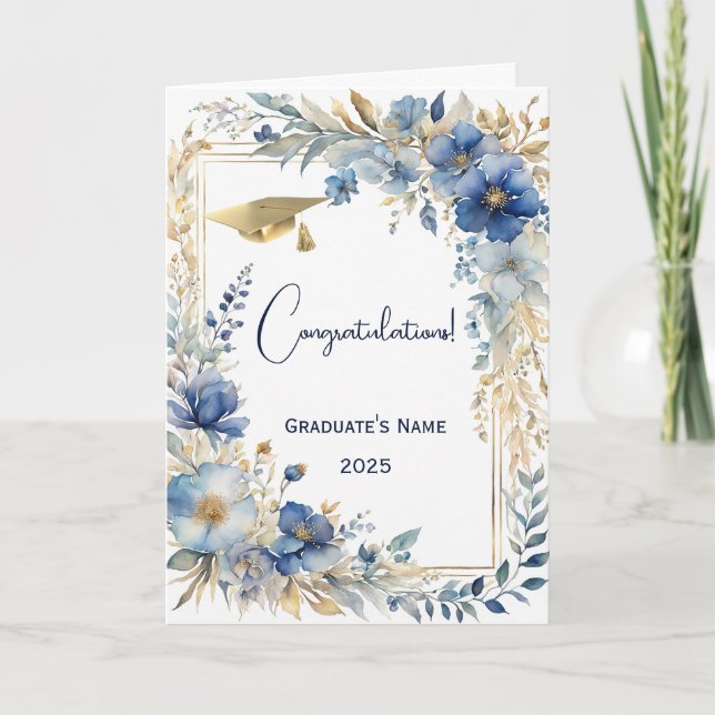 Tarjeta Elegante Graduación Personalizada con Floral de Or (Anverso)