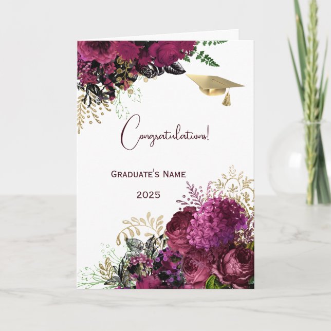 Tarjeta Elegante Graduación Personalizada de Floral Borgoñ (Anverso)