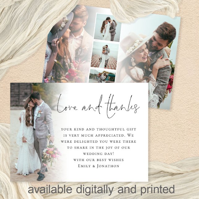 Tarjeta Elegante Guión 6 Fotos Amor Boda Gracias (Front and back view. Available digitally and printed. Part of a large matching collection)