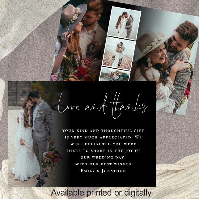 Tarjeta Elegante Guión 6 Fotos Boda Amor Gracias Negro (Front and back view 6 Photos Black Overlay Thank You available digitally and printed)