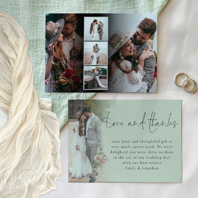 Tarjeta Elegante Guión 6 Fotos Boda Amor Gracias Sage (Front and back view)