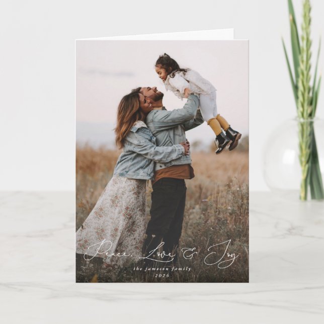 Tarjeta Elegante guión Fuente Paz Amor + Alegría Navidades (Anverso)