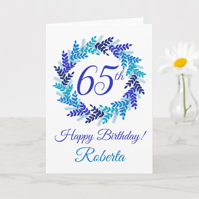 Tarjeta Elegante guirnalda azul 65 cumpleaños (Planta pequeña)