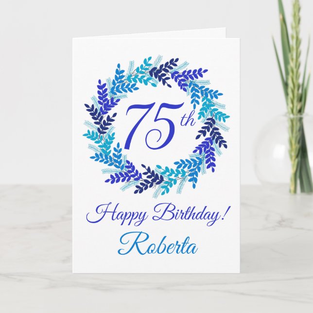 Tarjeta Elegante guirnalda azul 75 cumpleaños (Anverso)