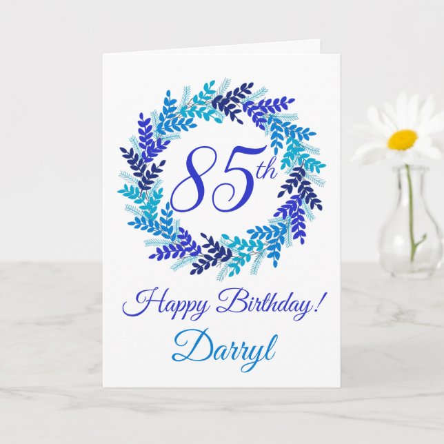 Tarjeta Elegante guirnalda azul 85 cumpleaños (Planta pequeña)