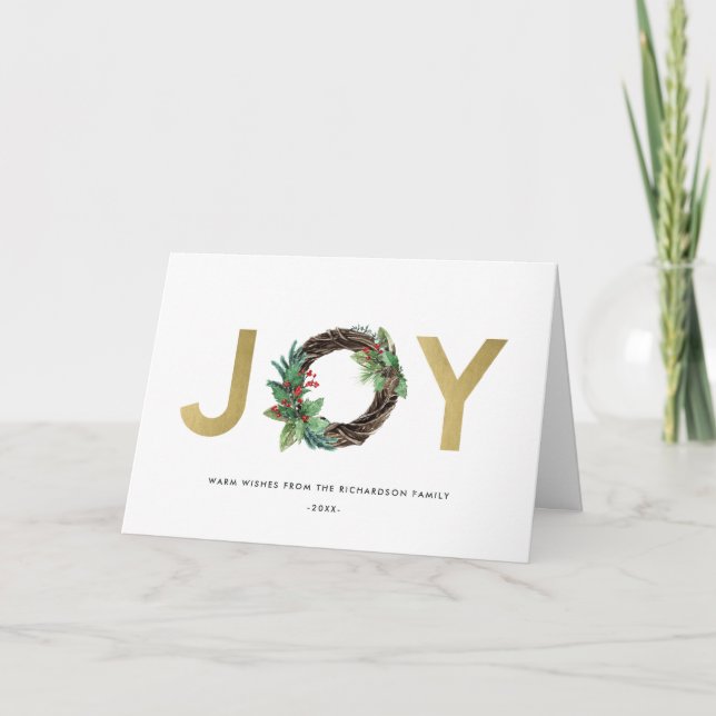 TARJETA ELEGANTE HOLLY BERRY GOLD RED JOY WREATH NAVIDADES (Anverso)