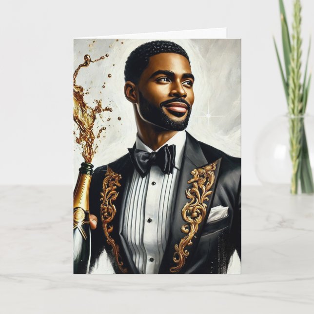 Tarjeta Elegante hombre negro champagne cumpleaños de lujo (Anverso)