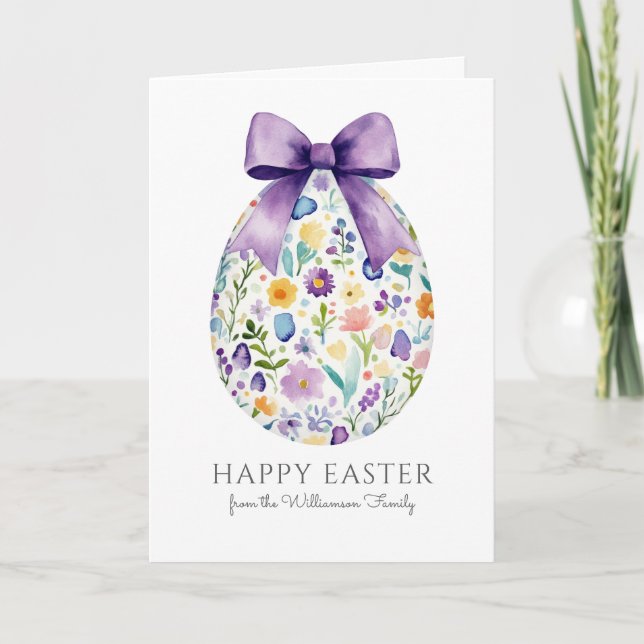Tarjeta Elegante Huevo de Pascua Floral con Bow personaliz (Anverso)