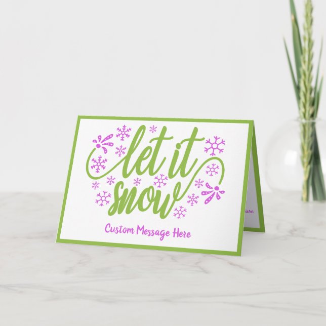 Tarjeta Elegante Invierno Que Nieva El Saludo Verde Morado (Anverso)